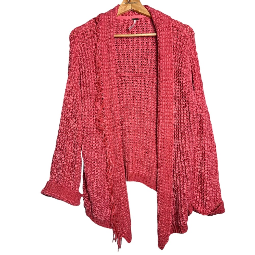 Free People Textured Knit Open Front Cardigan Coral Pink  Boho Chic‎ Fringe Silk